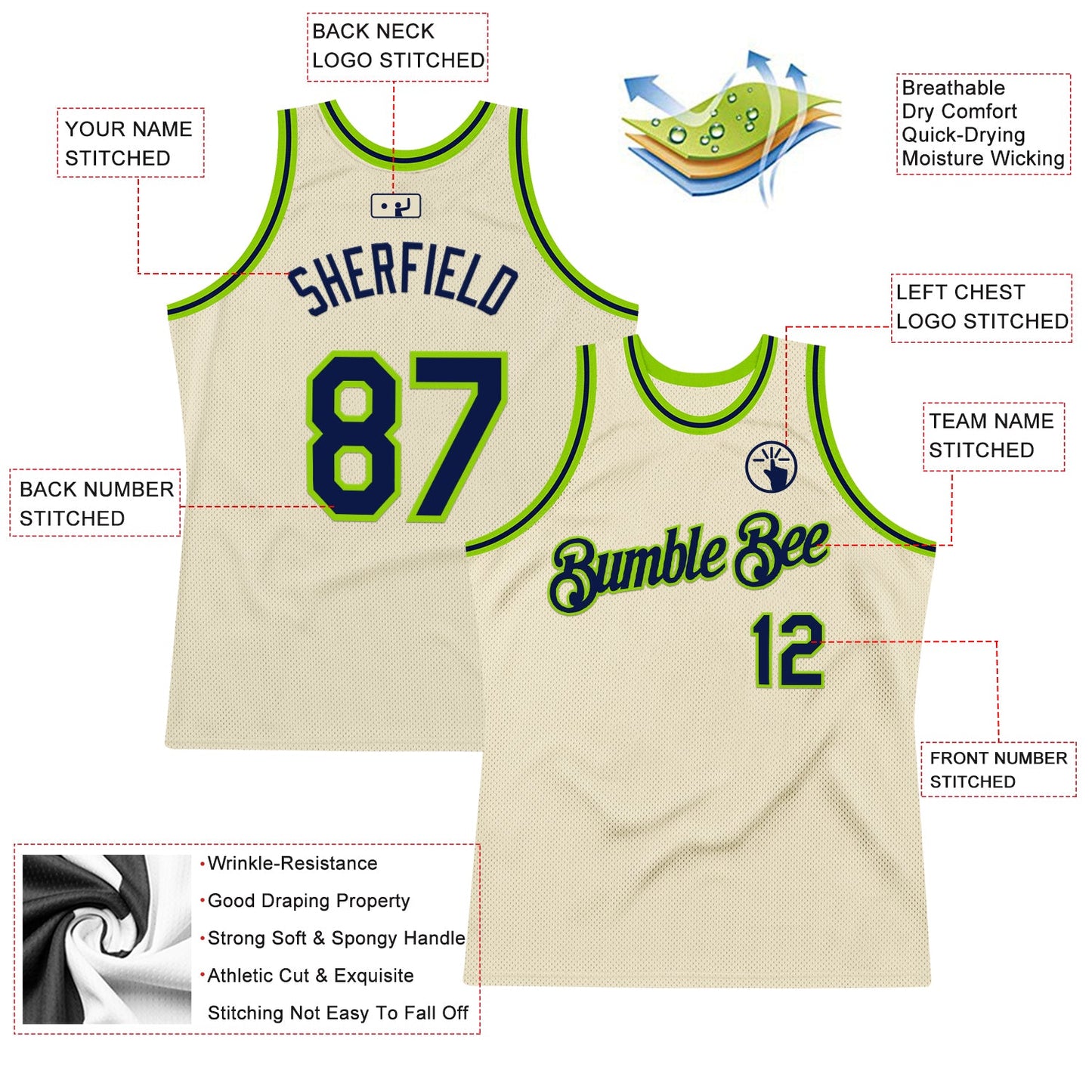 Custom Cream Navy-Neon Green Authentic Throwback Basketball Jersey view 2