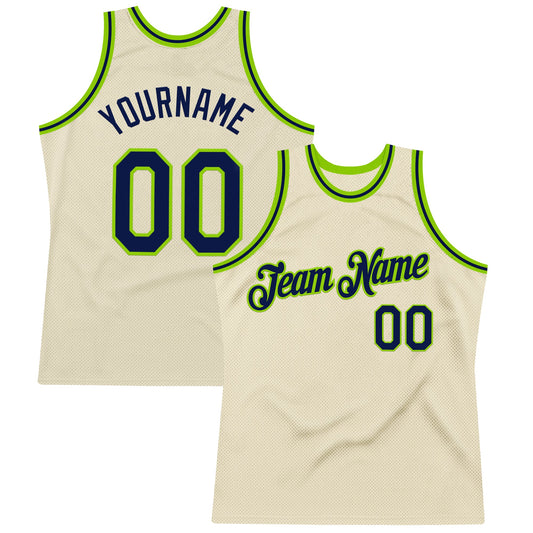 Custom Cream Navy-Neon Green Authentic Throwback Basketball Jersey - Main View