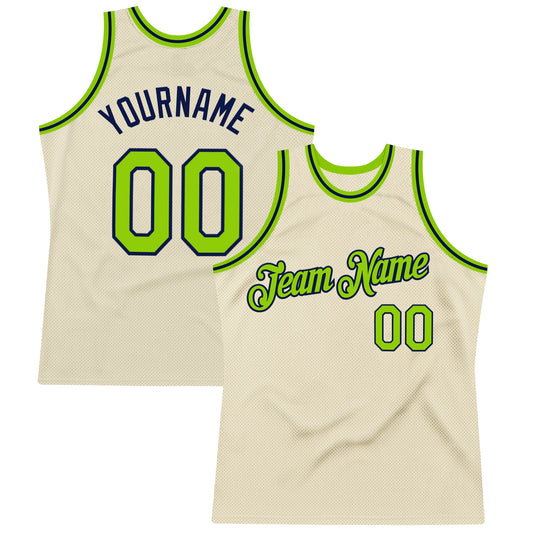 Custom Cream Neon Green-Navy Authentic Throwback Basketball Jersey - Main View