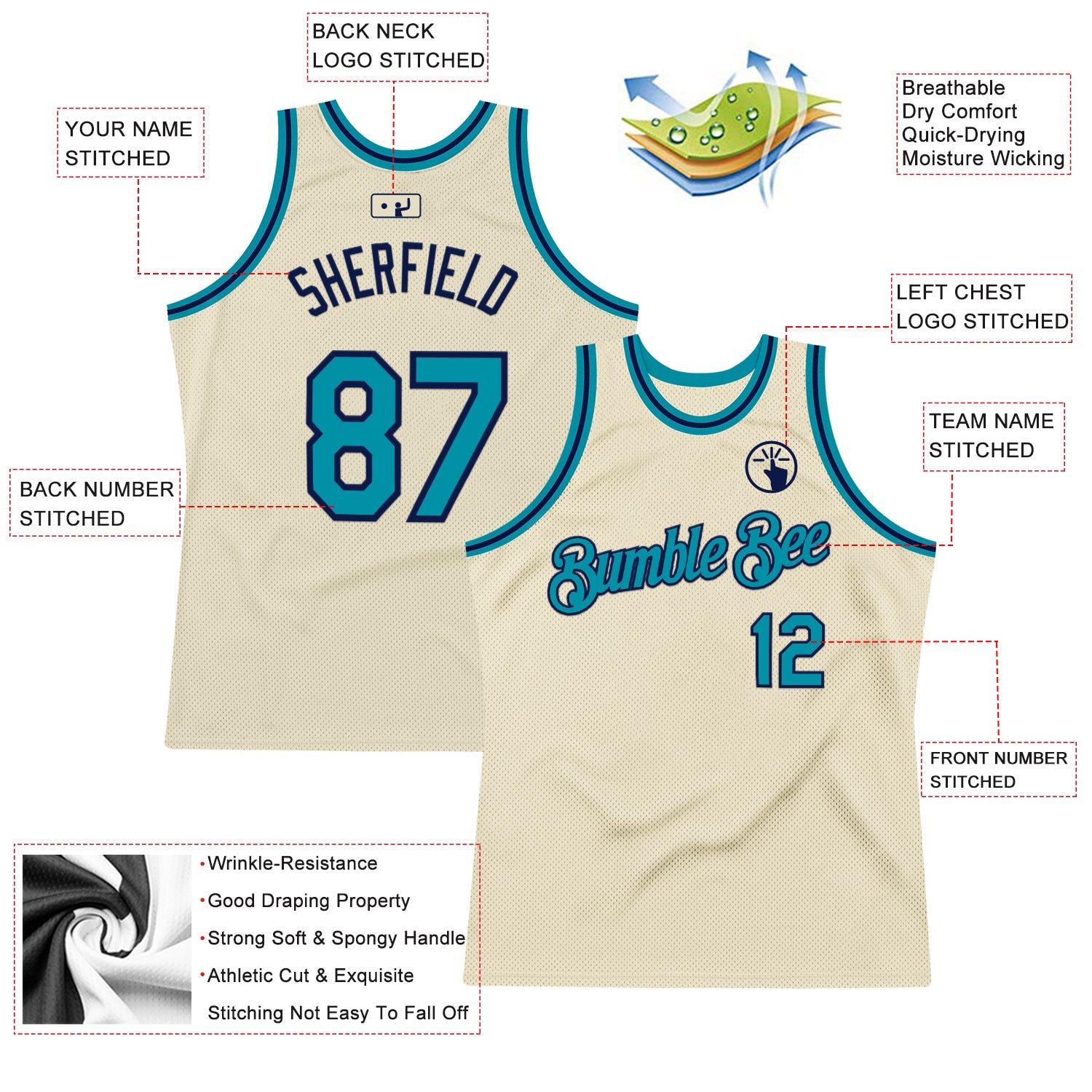 Custom Cream Teal-Navy Authentic Throwback Basketball Jersey view 2