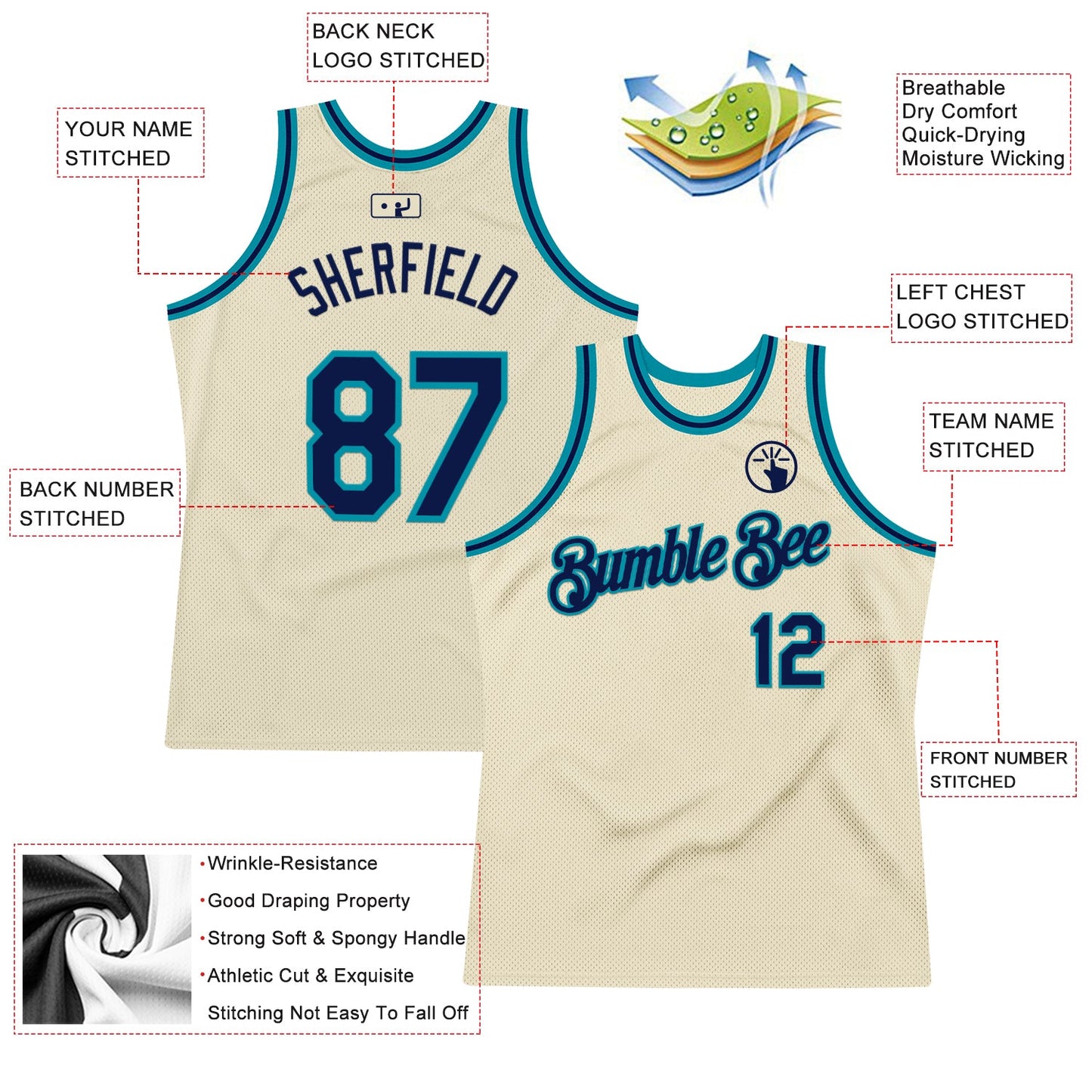 Custom Cream Navy-Teal Authentic Throwback Basketball Jersey view 2
