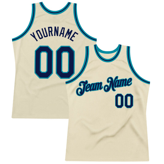 Custom Cream Navy-Teal Authentic Throwback Basketball Jersey - Main View