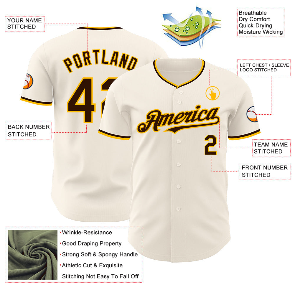 Custom Cream Brown-Gold Authentic Baseball Jersey view 3