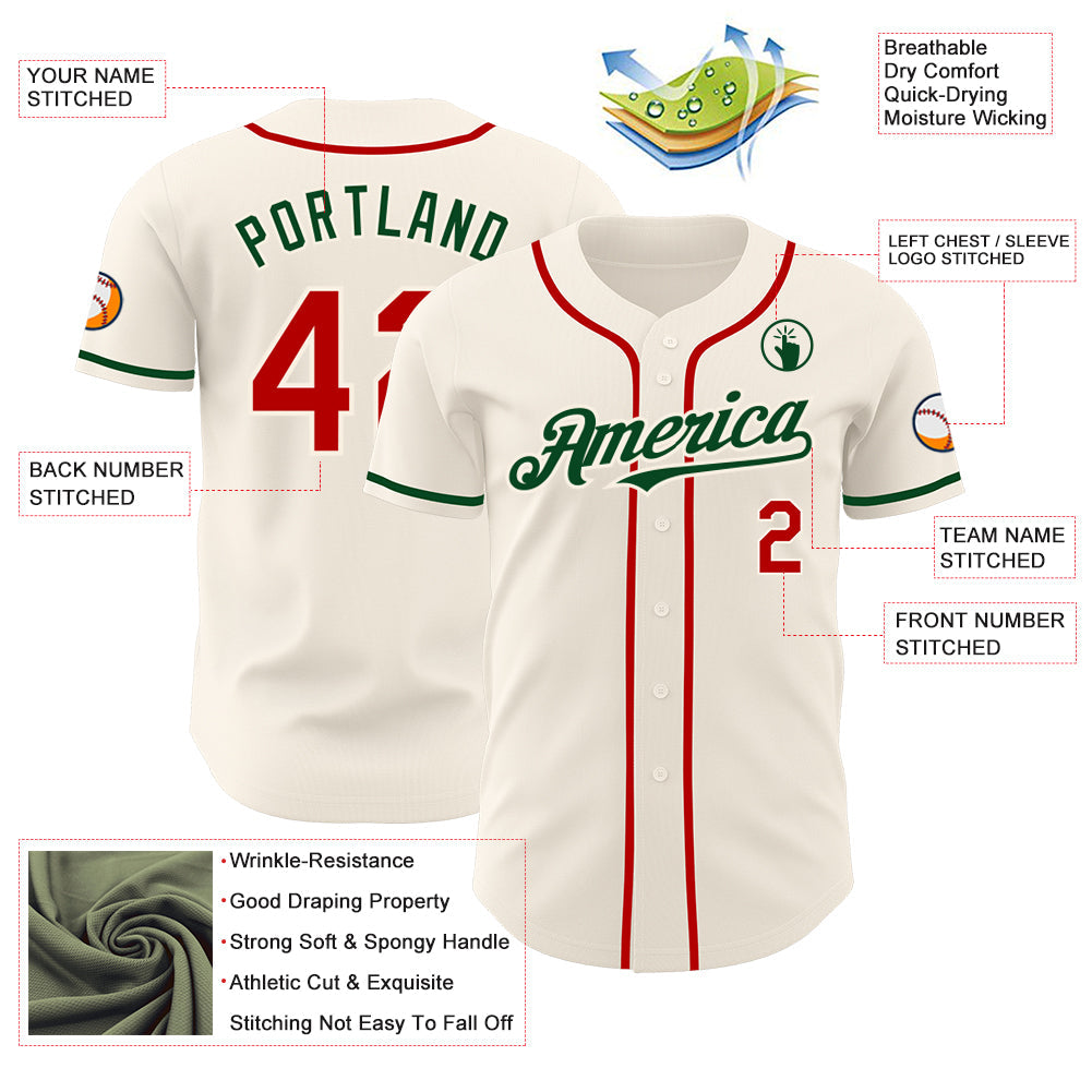 Custom Cream Red-Green Authentic Baseball Jersey view 3