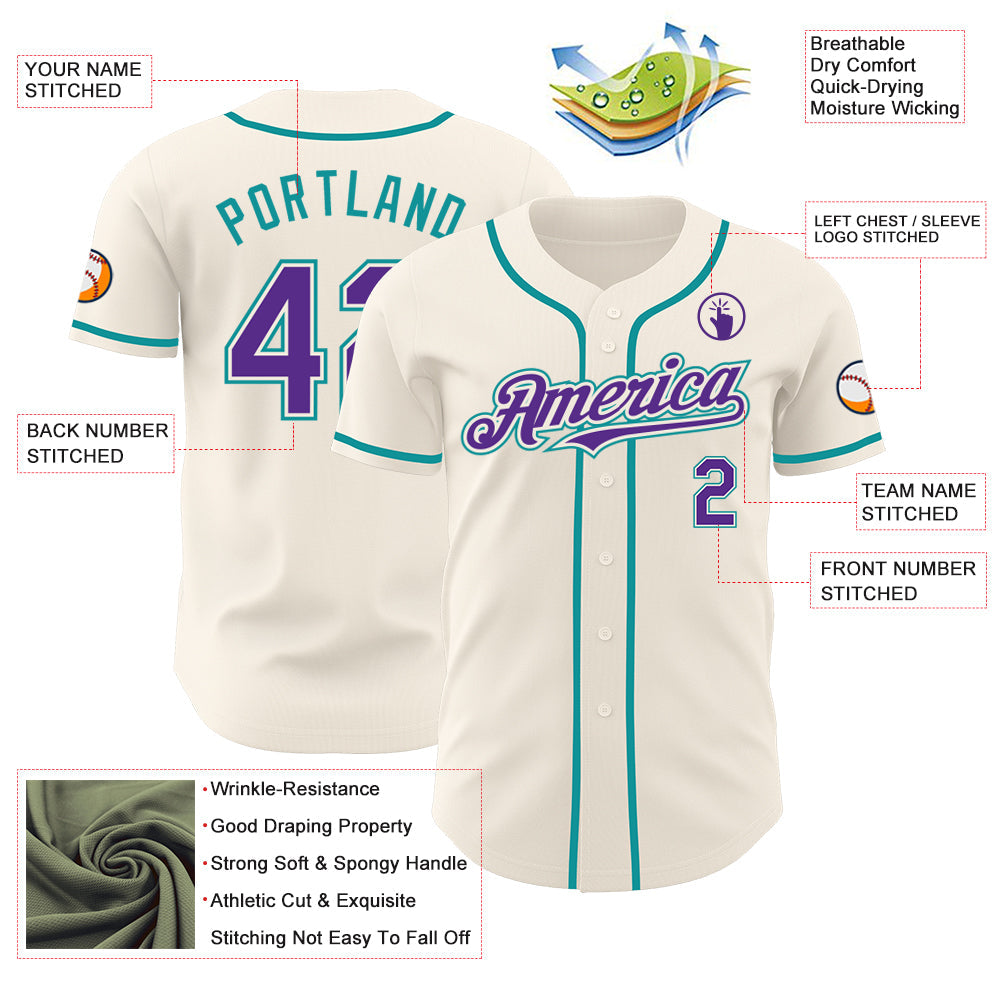 Custom Cream Purple-Teal Authentic Baseball Jersey view 3