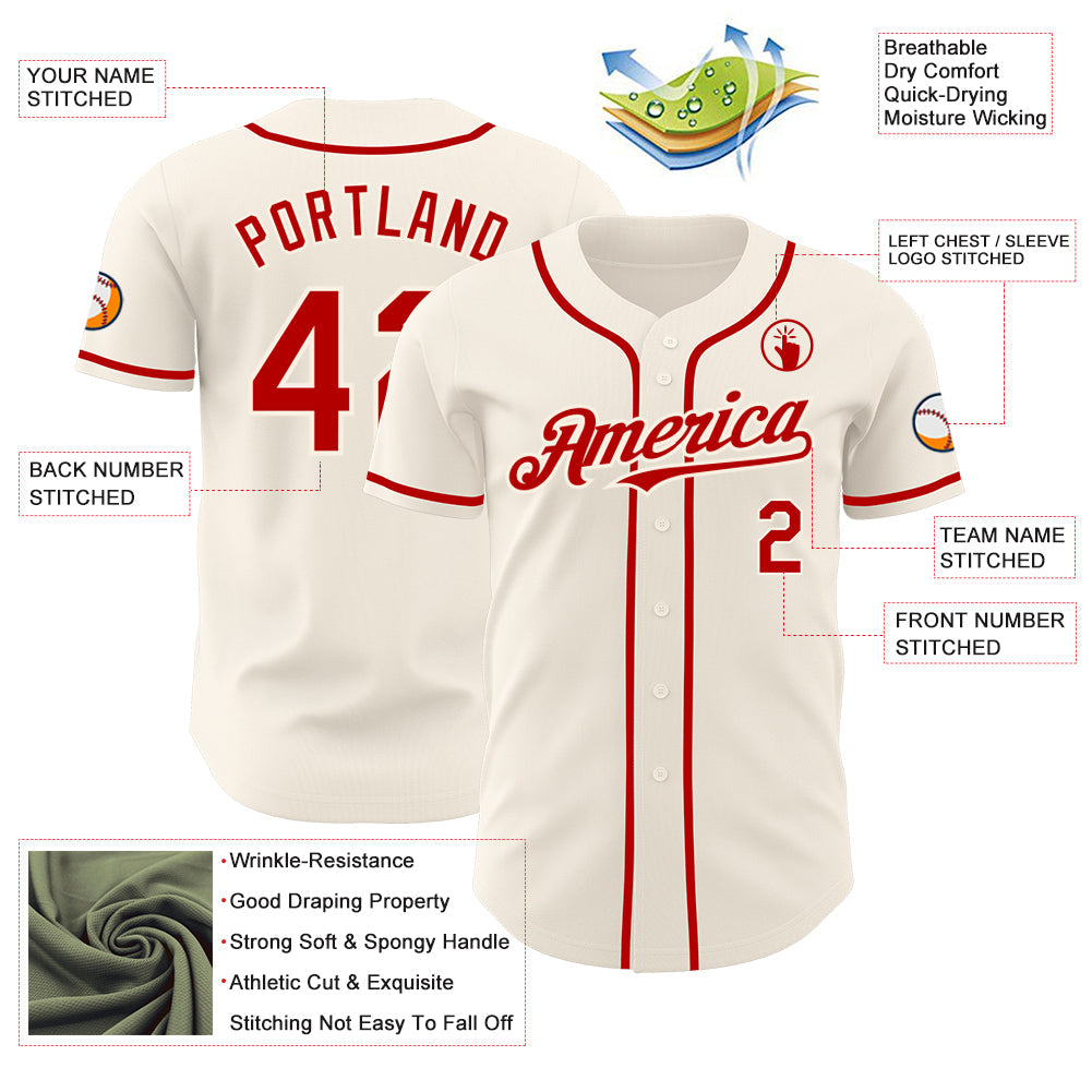 Custom Cream Red Authentic Baseball Jersey view 3