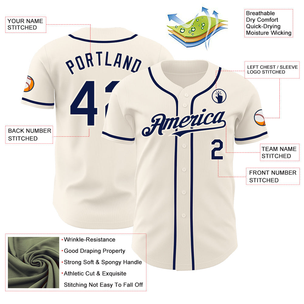 Custom Cream Navy Authentic Baseball Jersey view 3