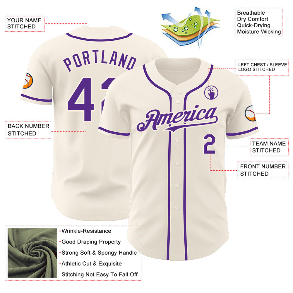 Custom Cream Purple Authentic Baseball Jersey view 3