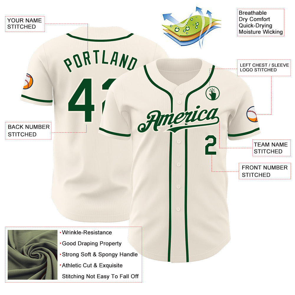 Custom Cream Green Authentic Baseball Jersey view 3