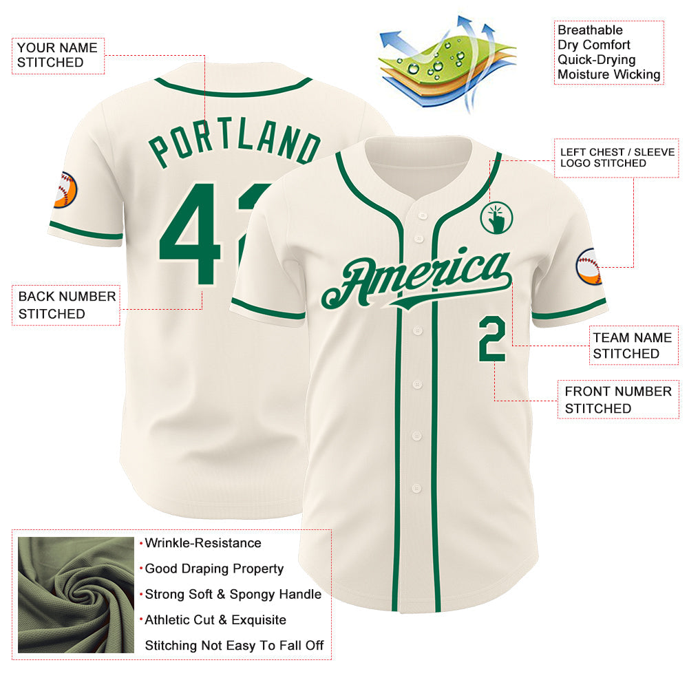 Custom Cream Kelly Green Authentic Baseball Jersey view 3