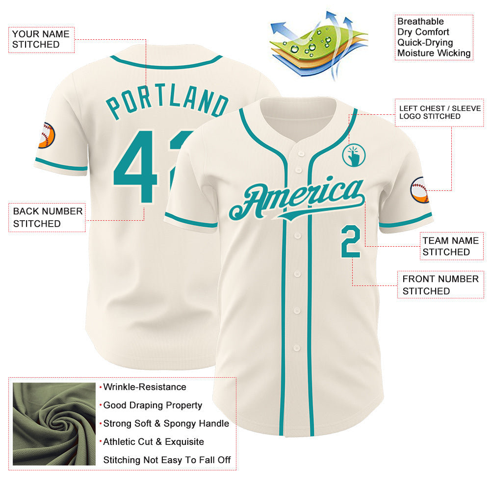 Custom Cream Teal Authentic Baseball Jersey view 3