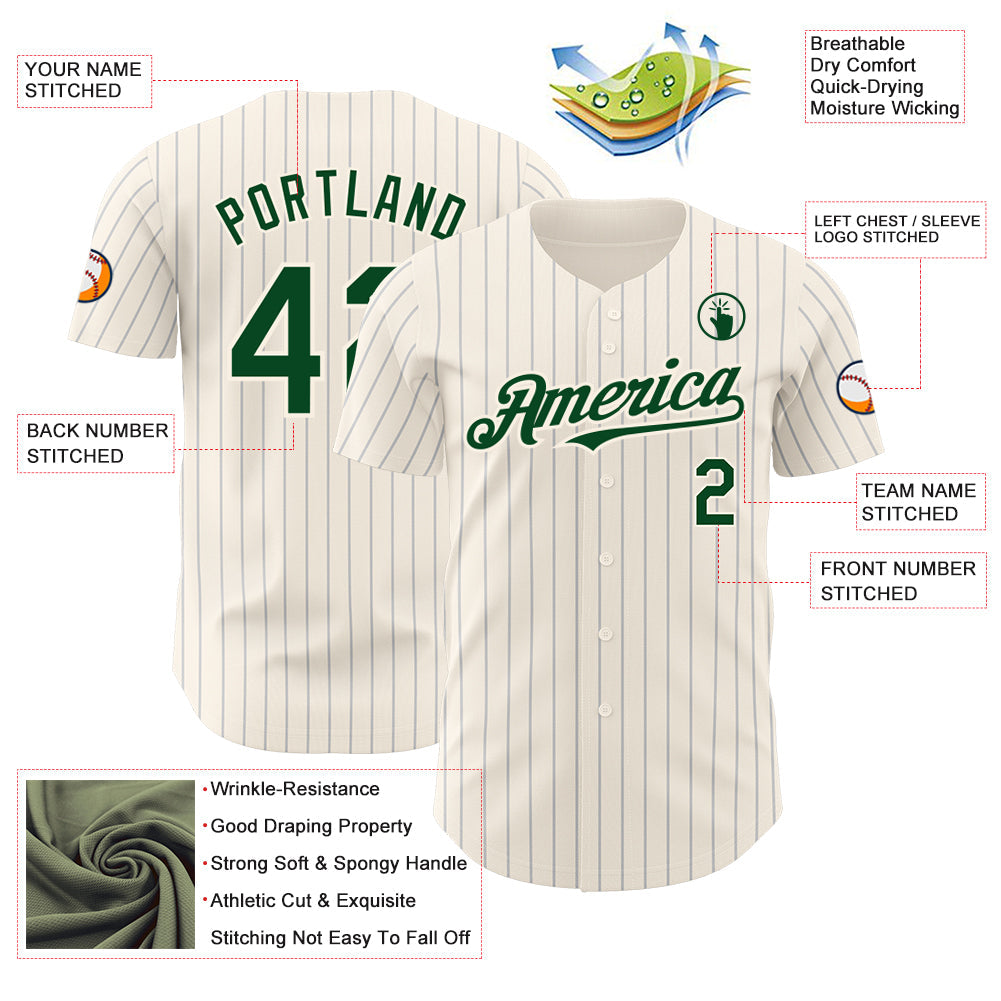 Custom Cream Gray Pinstripe Green Authentic Baseball Jersey view 3