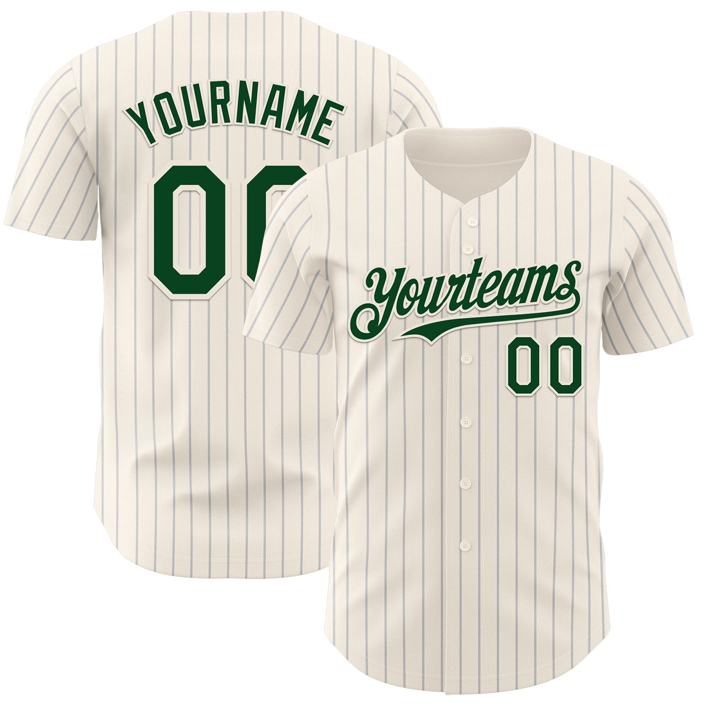 Custom Cream Gray Pinstripe Green Authentic Baseball Jersey - Main View