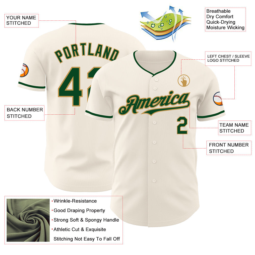 Custom Cream Green-Old Gold Authentic Baseball Jersey view 3