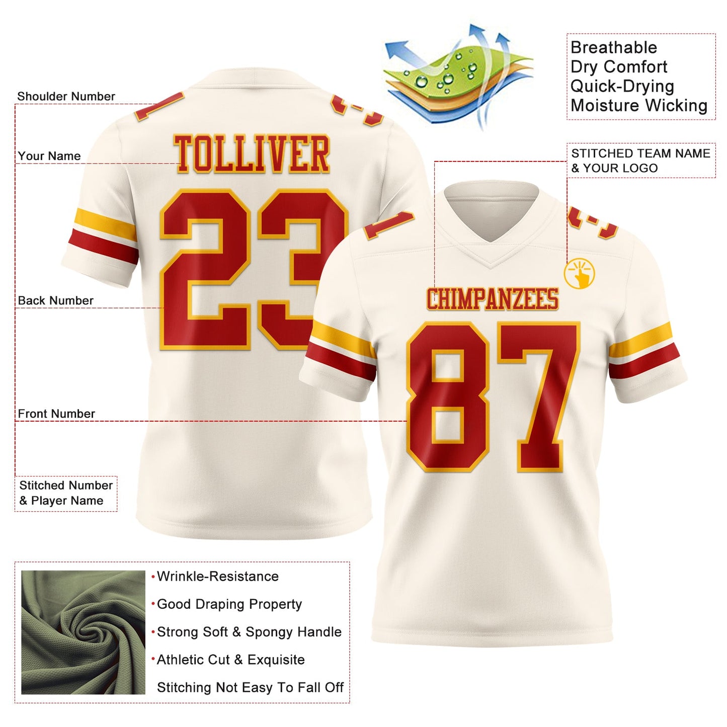 Custom Cream Red-Gold Authentic Football Jersey view 3