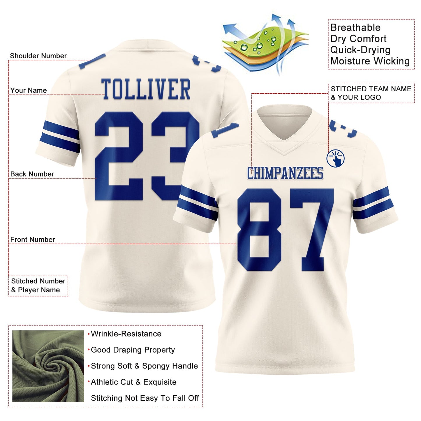 Custom Cream Royal Authentic Football Jersey view 3