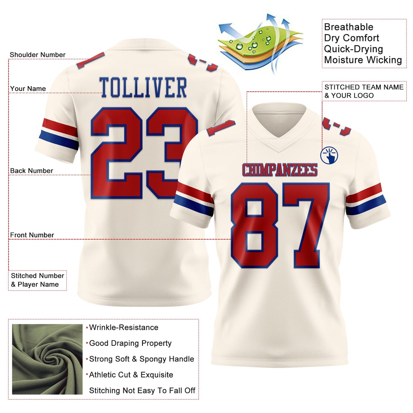 Custom Cream Red-Royal Authentic Football Jersey view 3