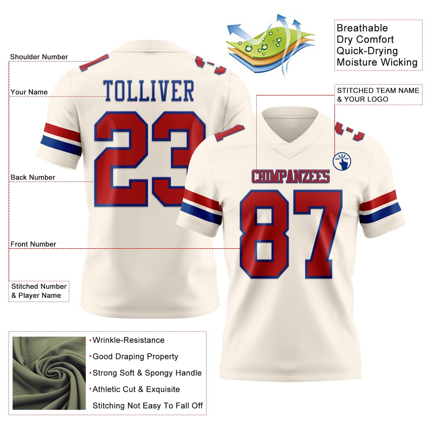 Custom Cream Red-Royal Authentic Football Jersey view 3