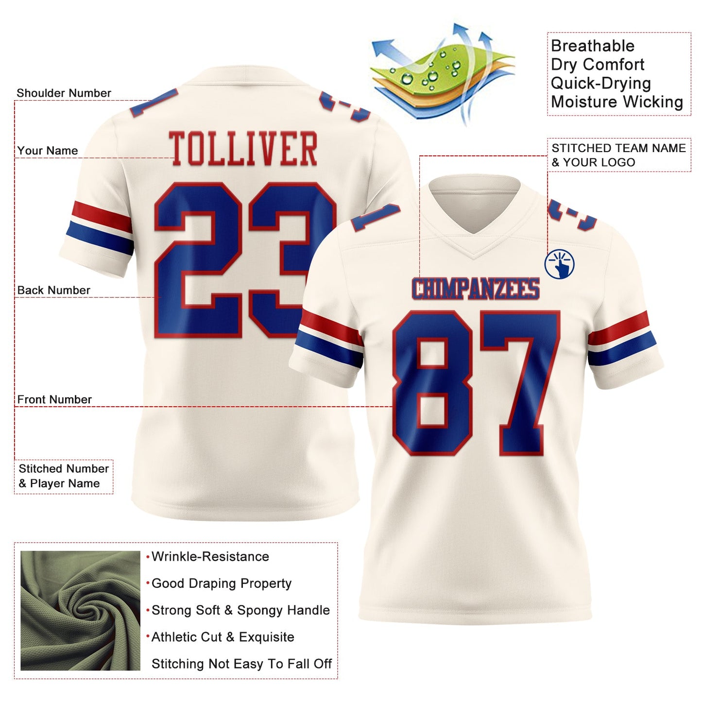 Custom Cream Royal-Red Authentic Football Jersey view 3