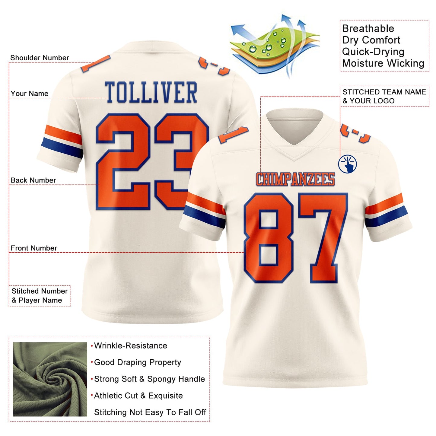 Custom Cream Orange-Royal Authentic Football Jersey view 3