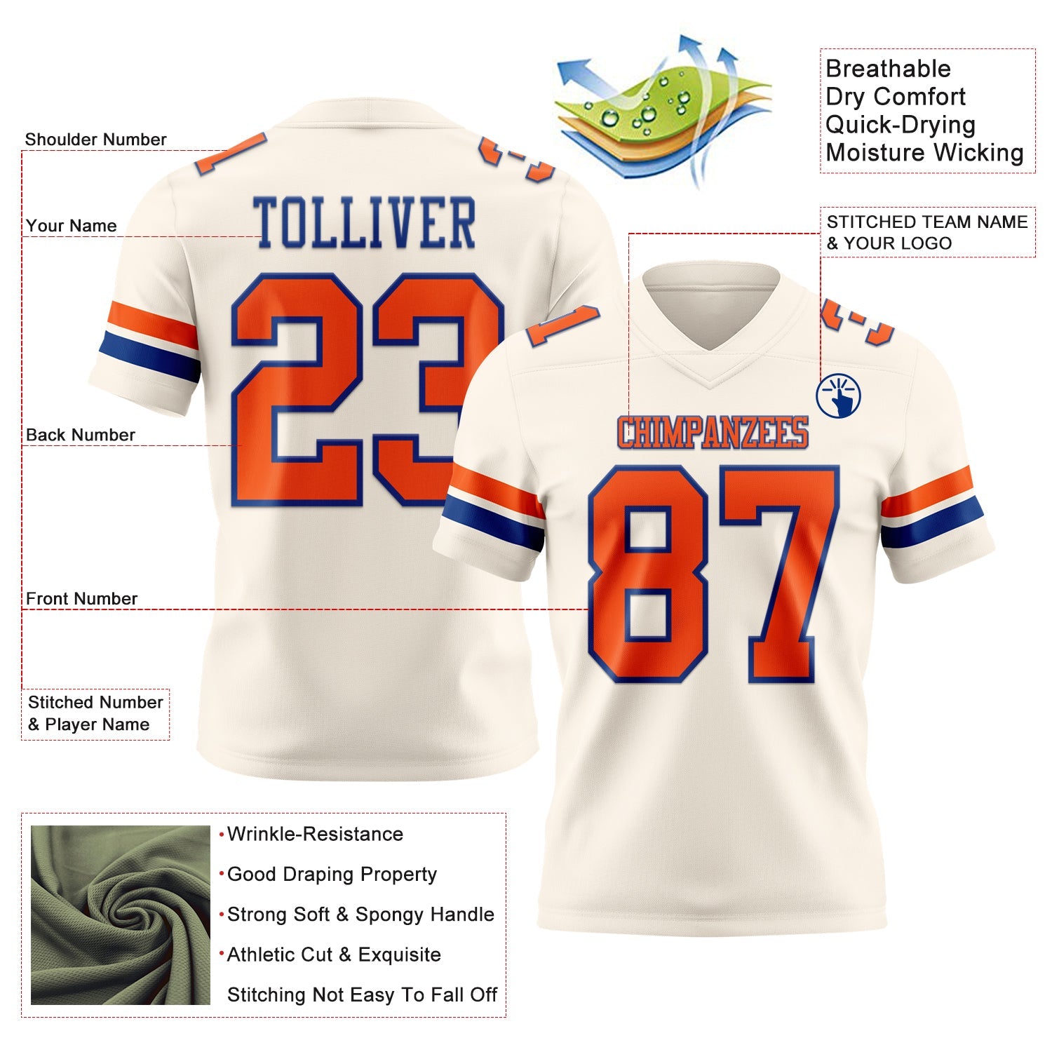 Custom Cream Orange-Royal Authentic Football Jersey view 3