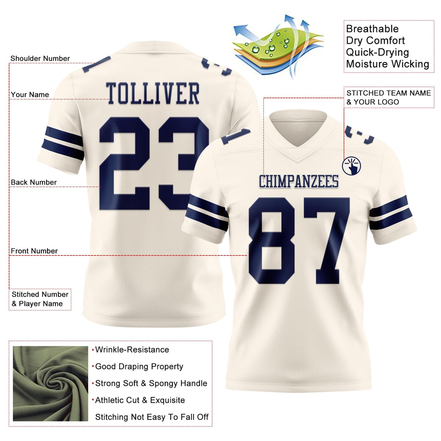 Custom Cream Navy Authentic Football Jersey view 3