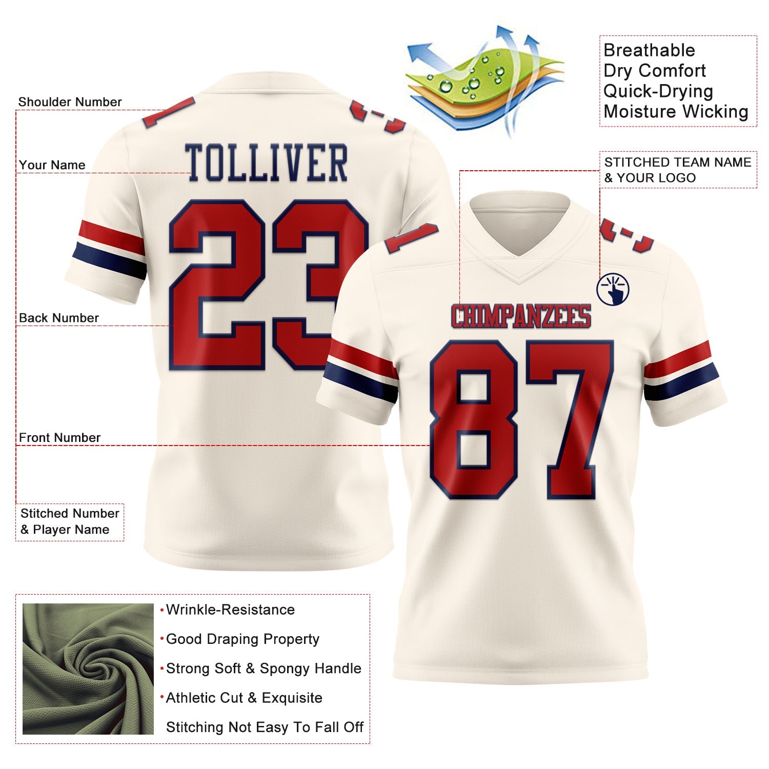 Custom Cream Red-Navy Authentic Football Jersey view 3