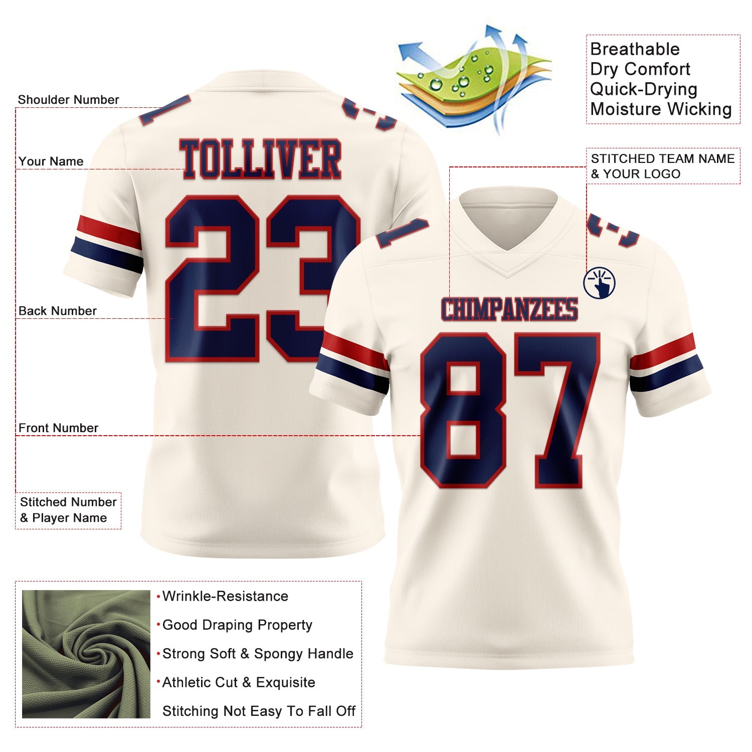 Custom Cream Navy-Red Authentic Football Jersey view 3