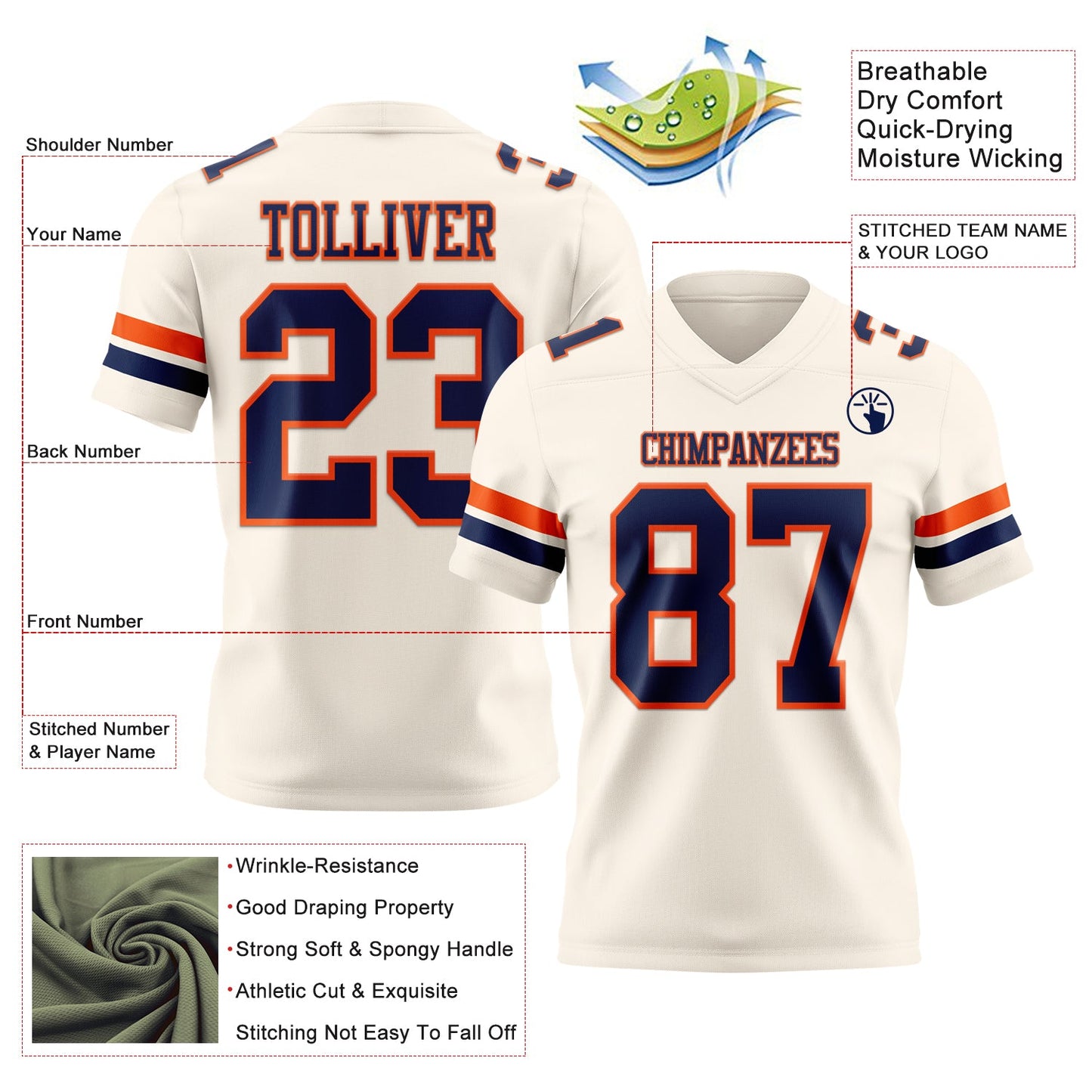 Custom Cream Navy-Orange Authentic Football Jersey view 3