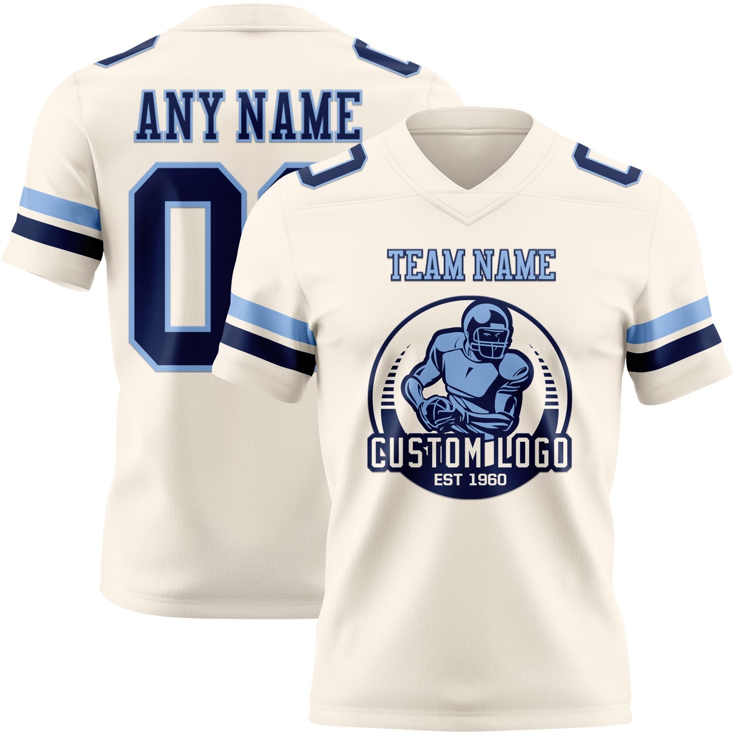 Custom Cream Navy-Light Blue Authentic Football Jersey view 2