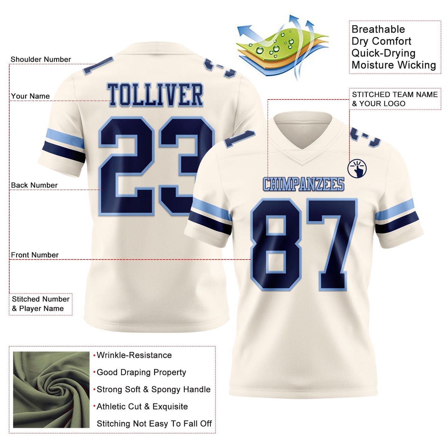 Custom Cream Navy-Light Blue Authentic Football Jersey view 3