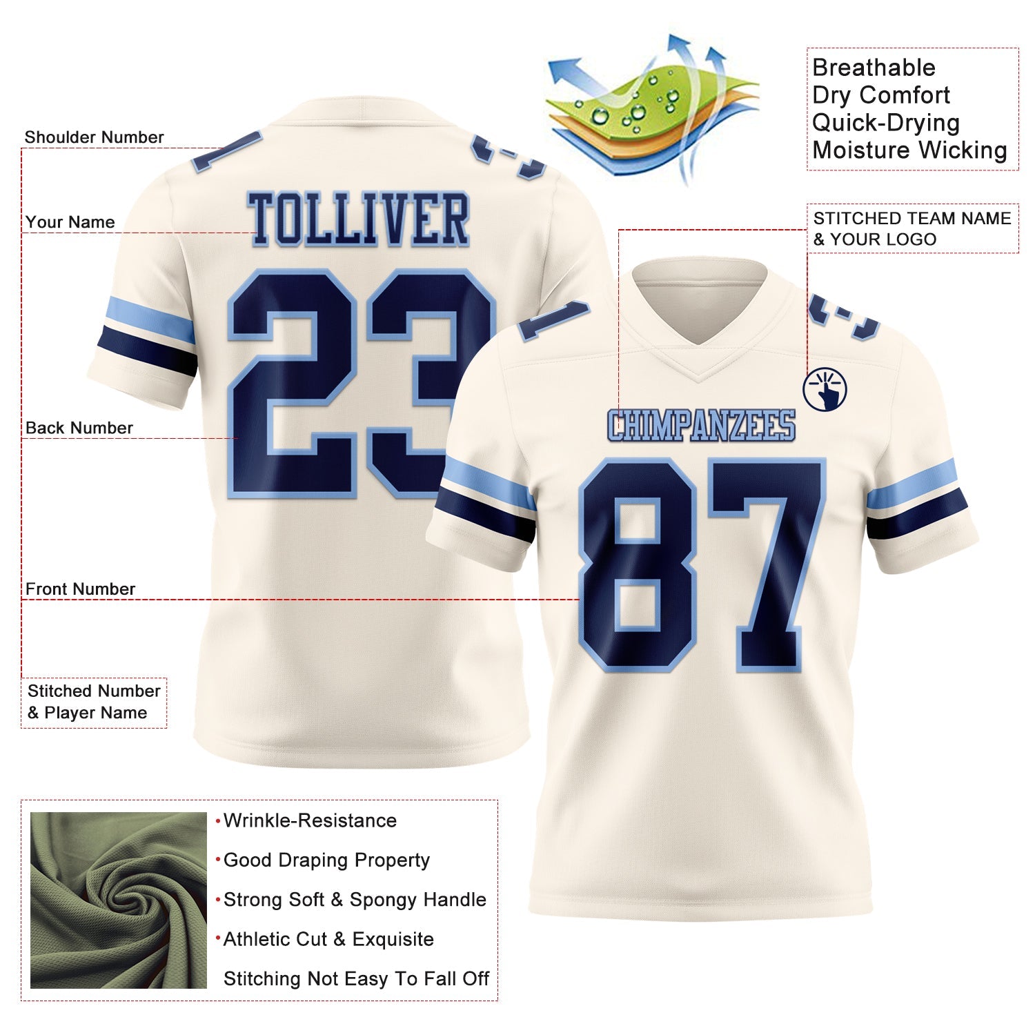 Custom Cream Navy-Light Blue Authentic Football Jersey view 3