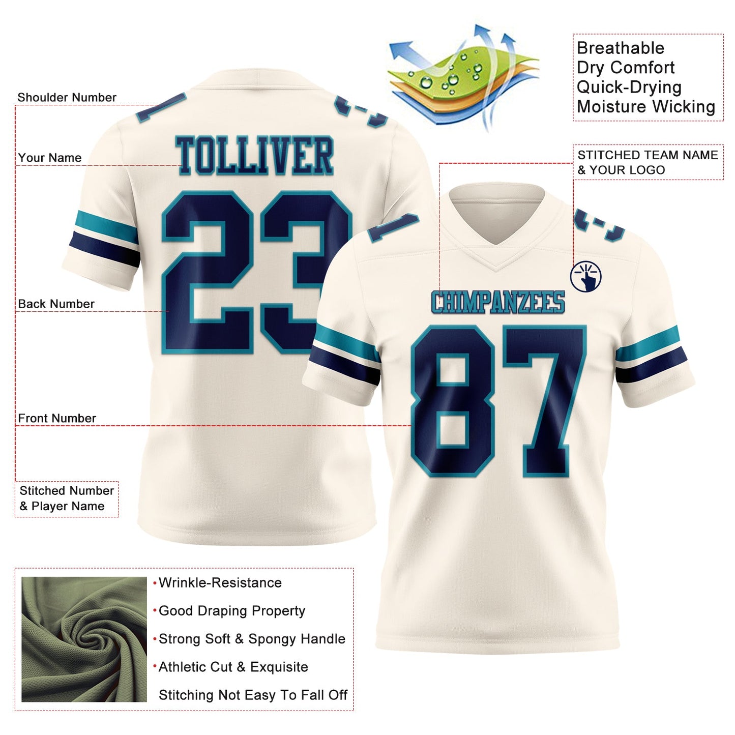 Custom Cream Navy-Teal Authentic Football Jersey view 3