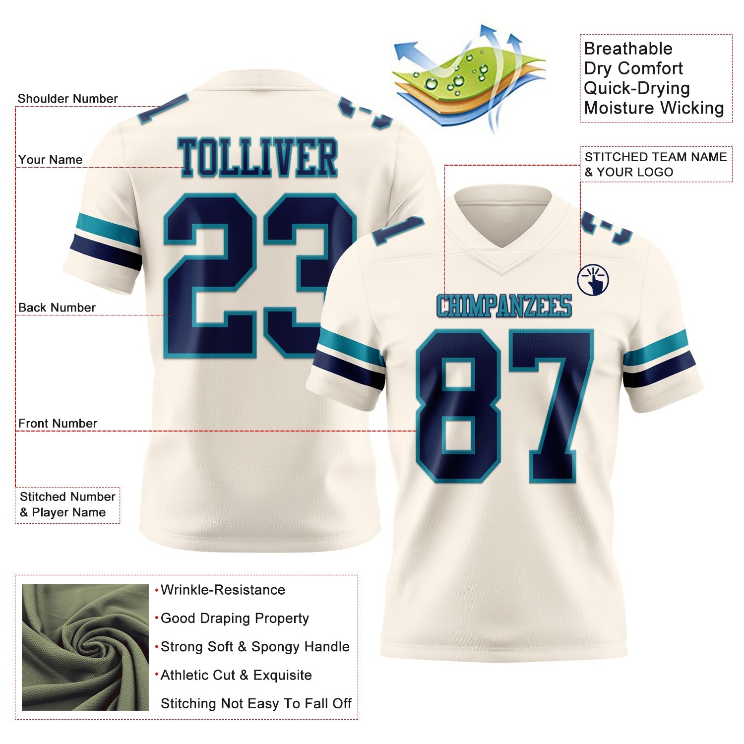 Custom Cream Navy-Teal Authentic Football Jersey view 3