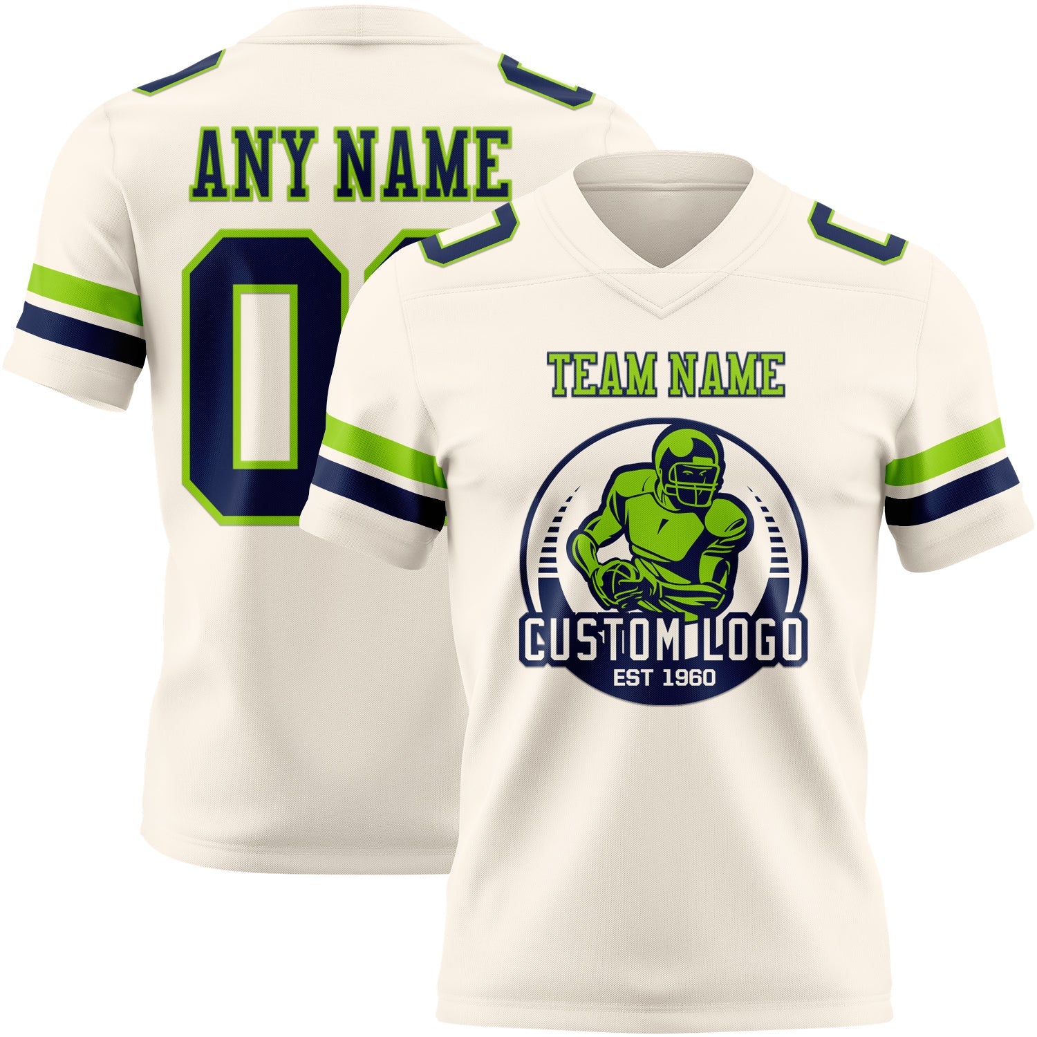 Custom Cream Navy-Neon Green Authentic Football Jersey view 2
