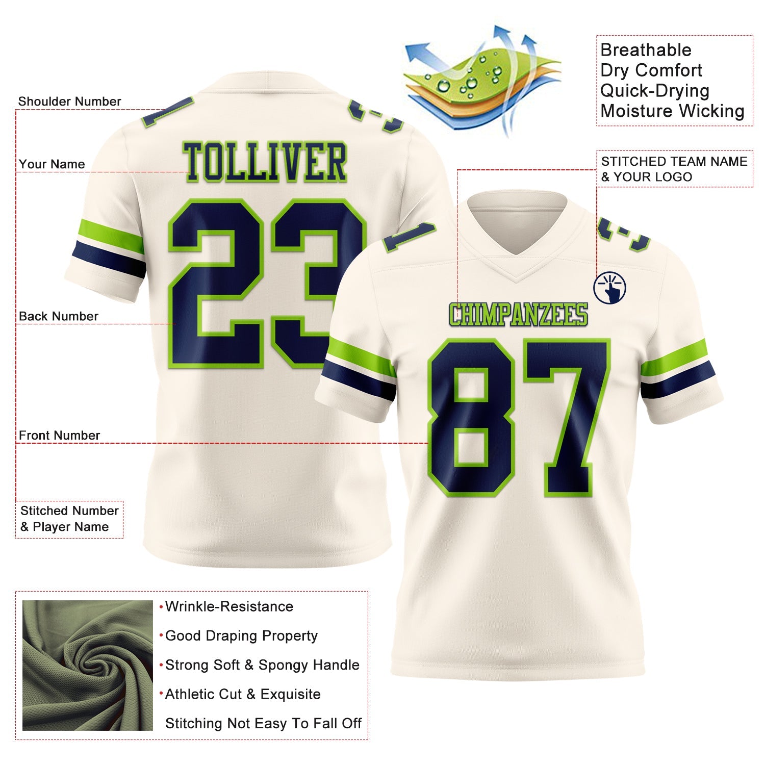 Custom Cream Navy-Neon Green Authentic Football Jersey view 3