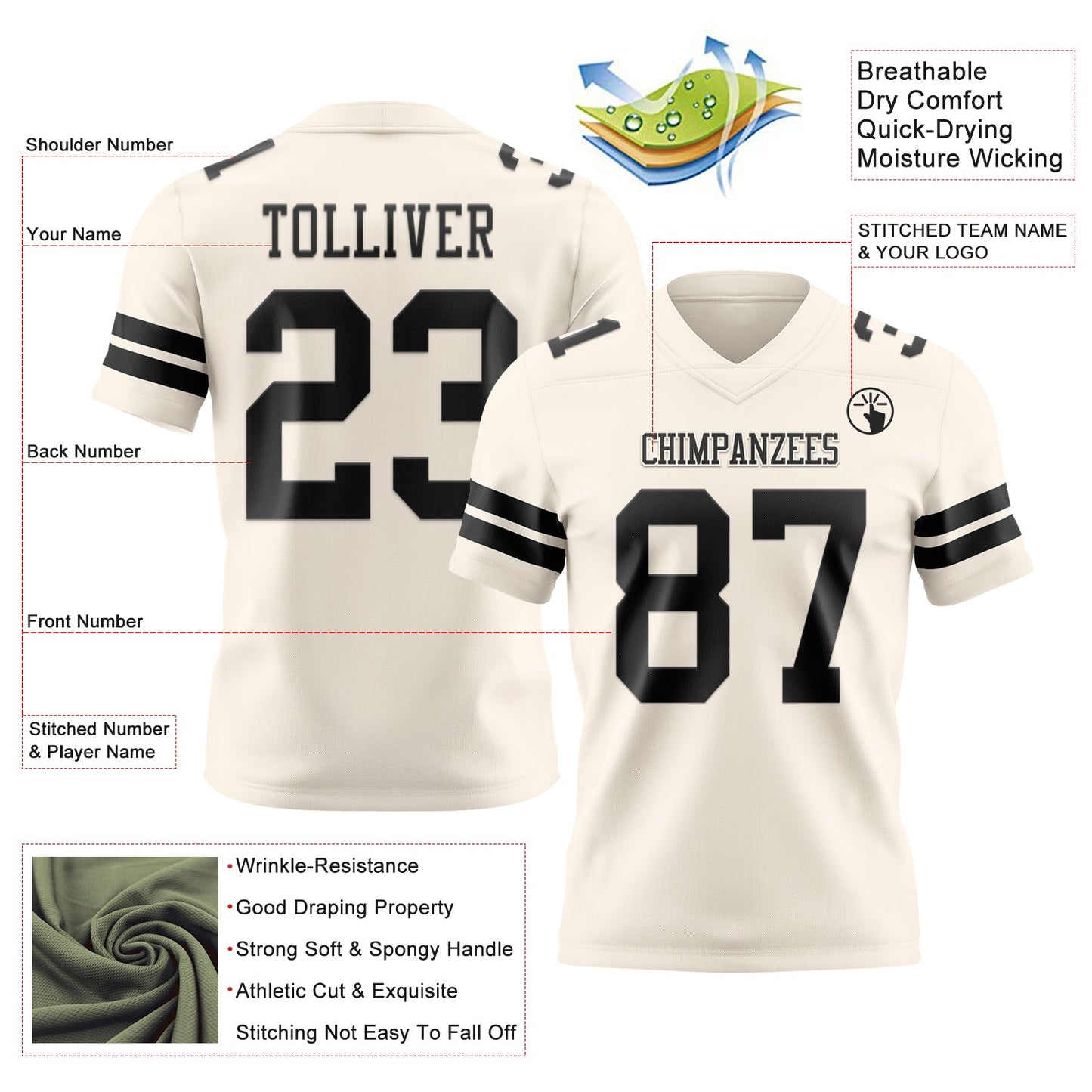 Custom Cream Black Authentic Football Jersey view 3