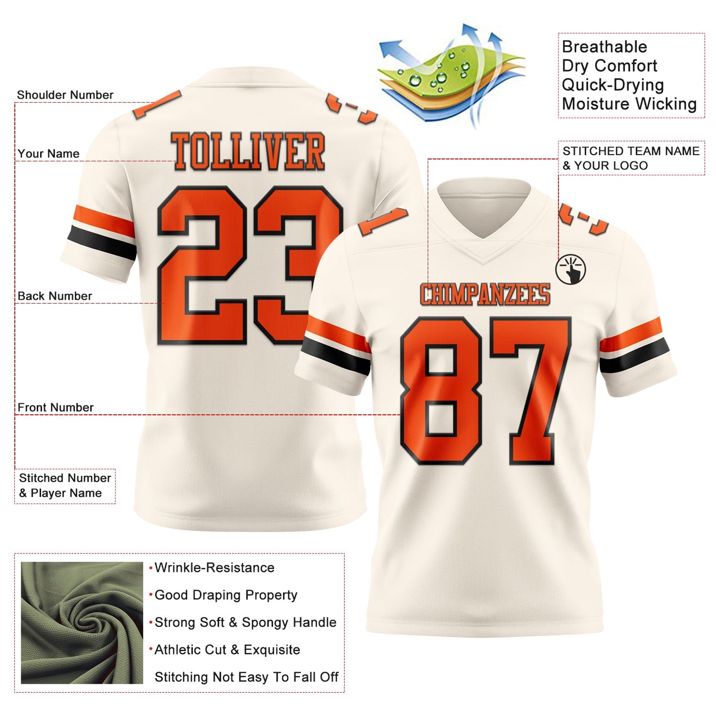 Custom Cream Orange-Black Authentic Football Jersey view 3