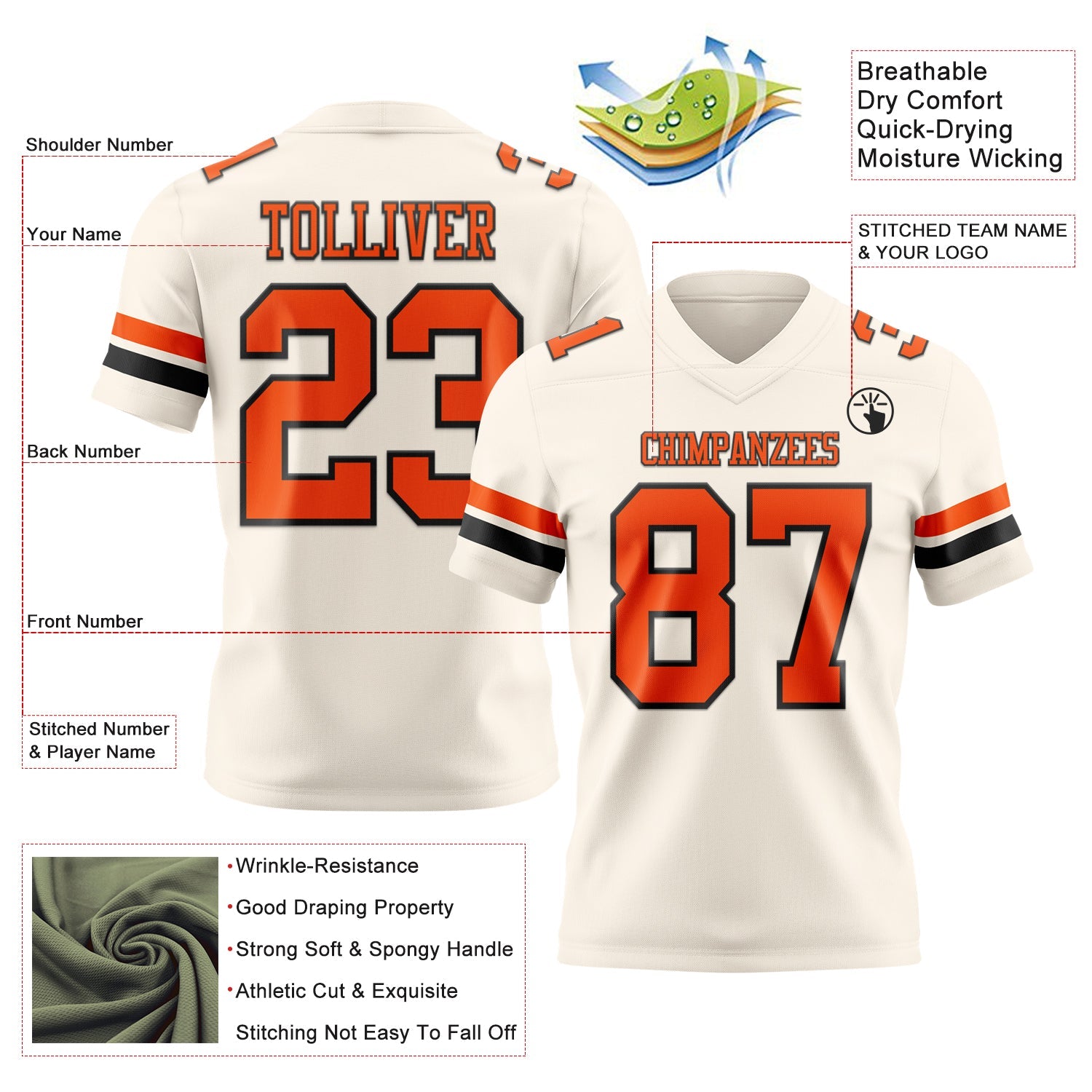 Custom Cream Orange-Black Authentic Football Jersey view 3