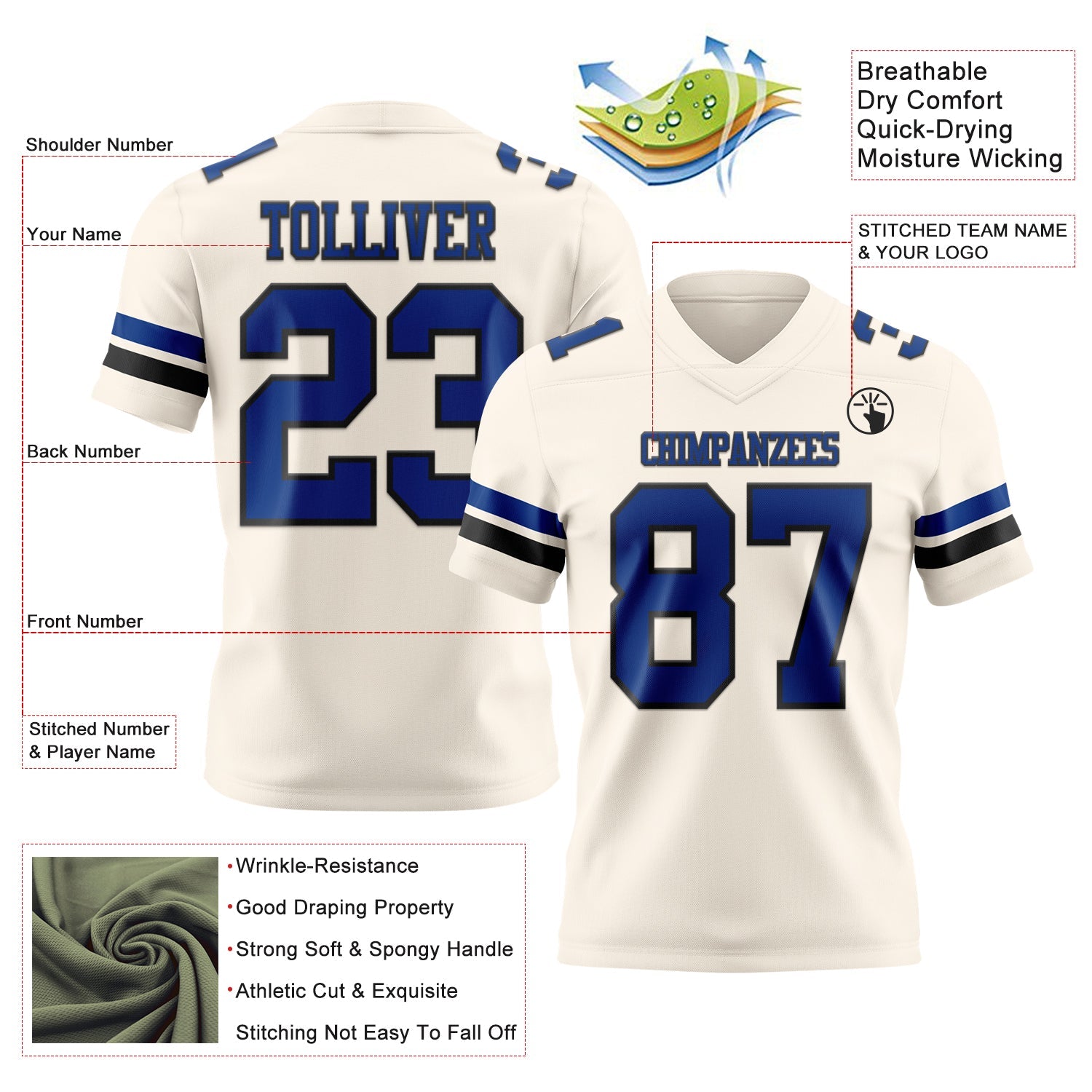 Custom Cream Royal-Black Authentic Football Jersey view 3