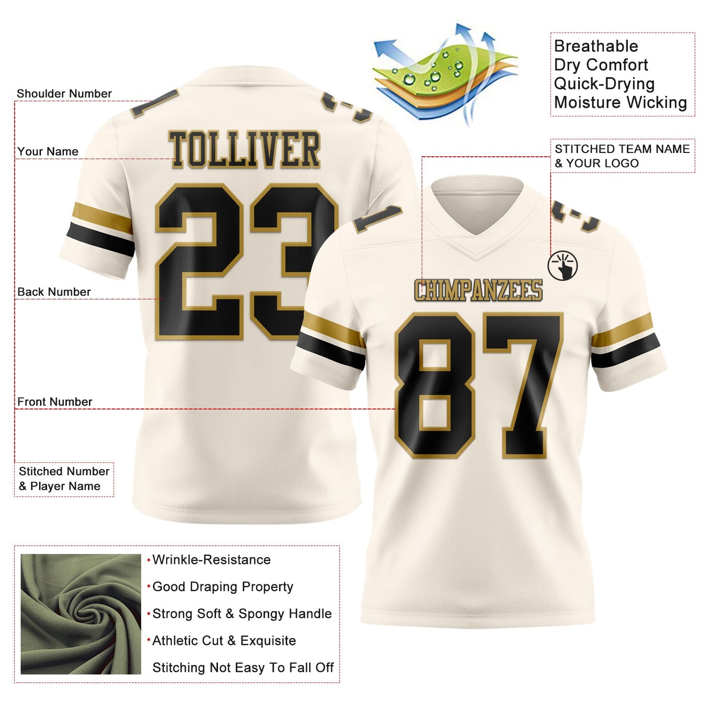 Custom Cream Black-Old Gold Authentic Football Jersey view 3