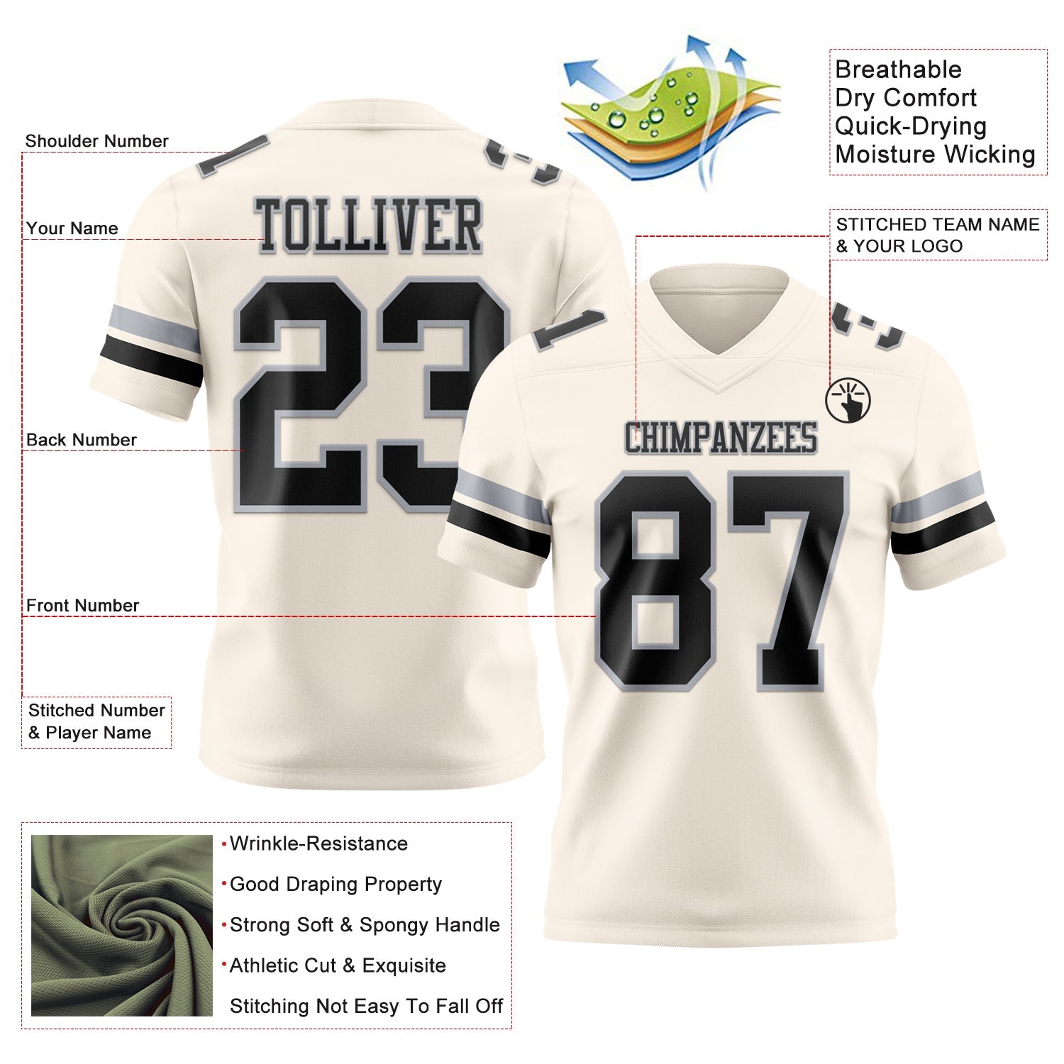Custom Cream Black-Gray Authentic Football Jersey view 3
