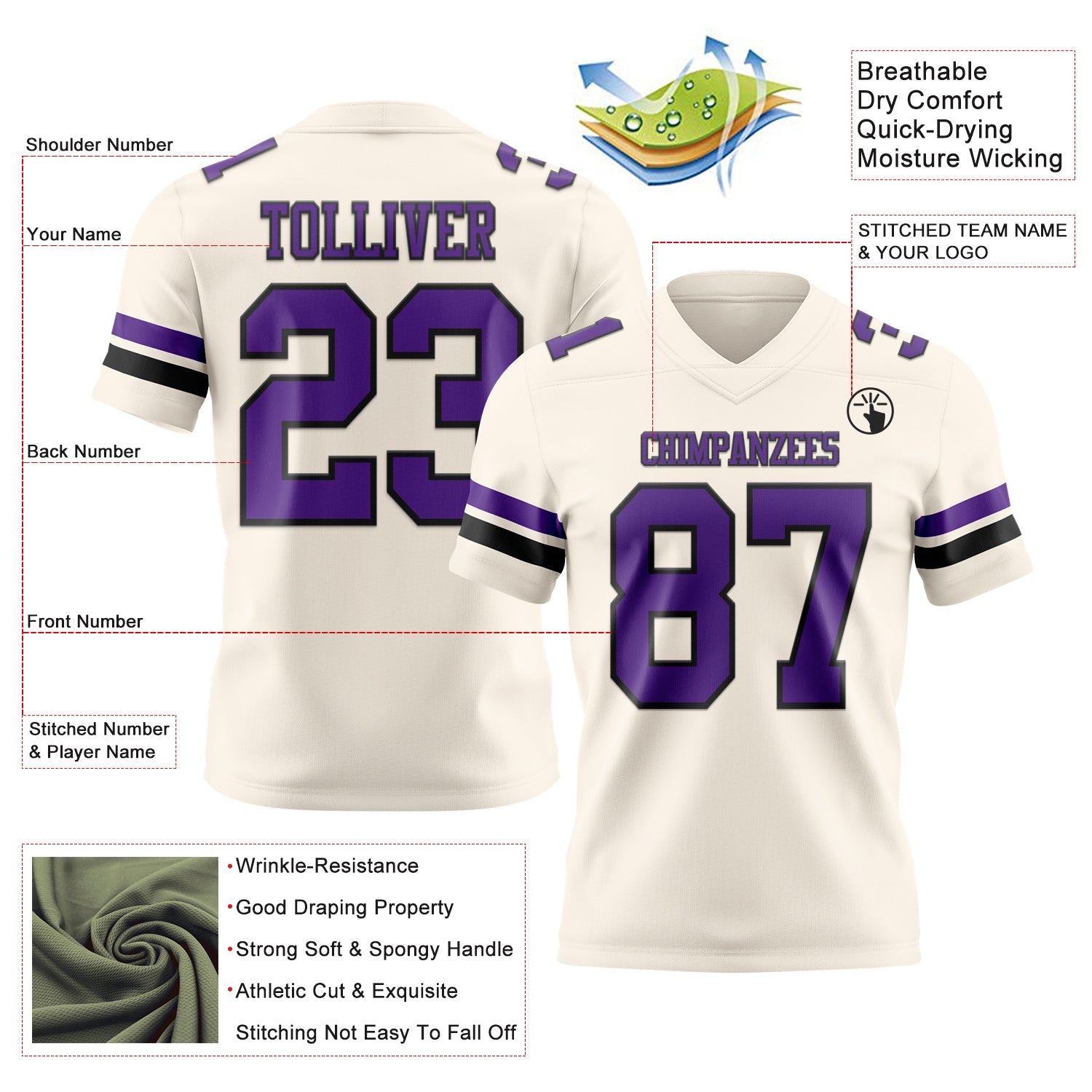 Custom Cream Purple-Black Authentic Football Jersey view 3