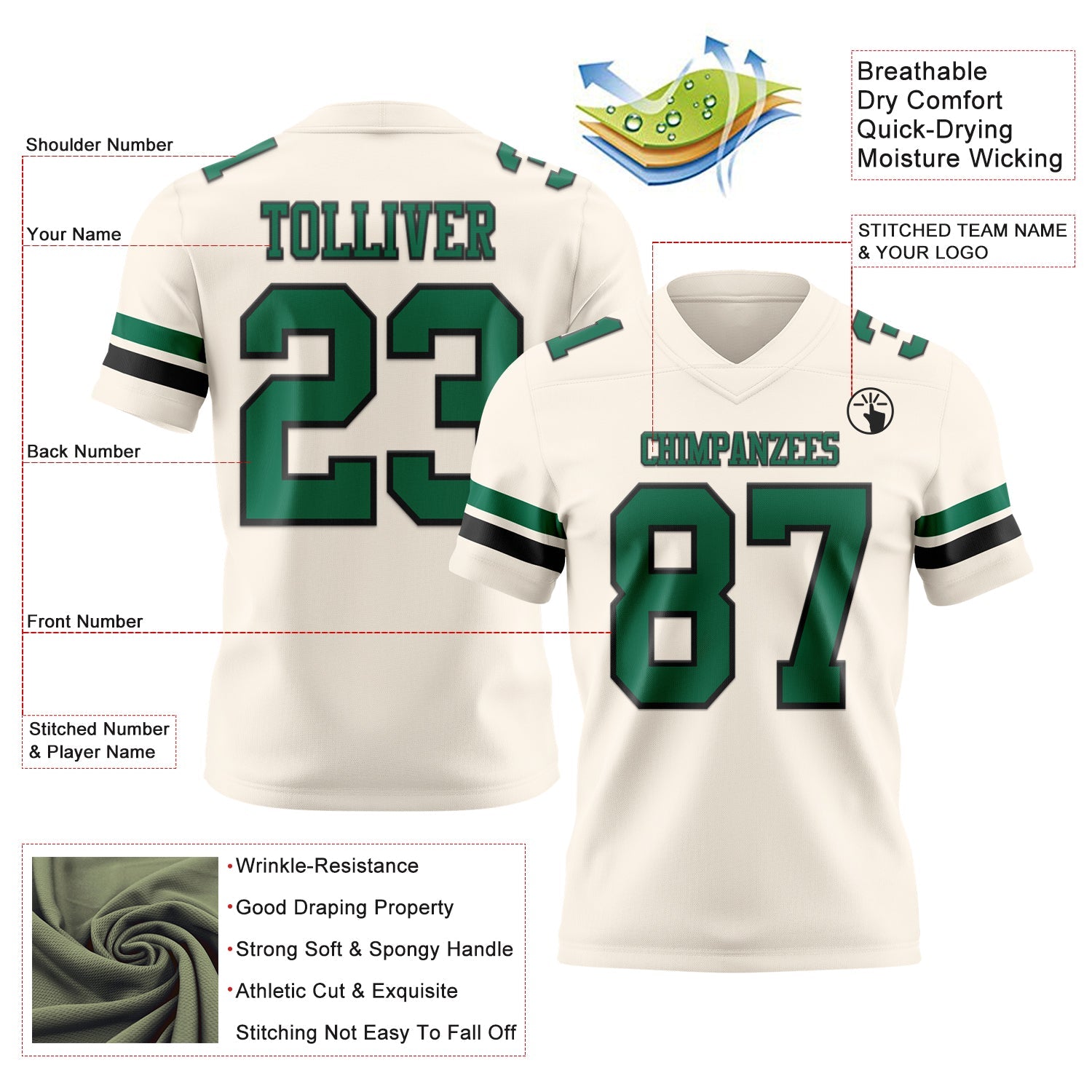 Custom Cream Kelly Green-Black Authentic Football Jersey view 3