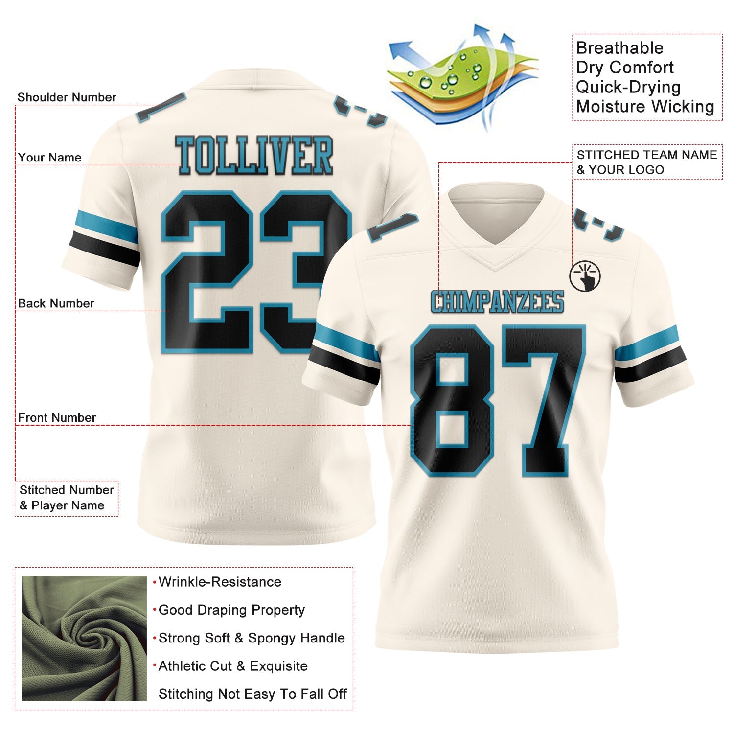 Custom Cream Black-Panther Blue Authentic Football Jersey view 3