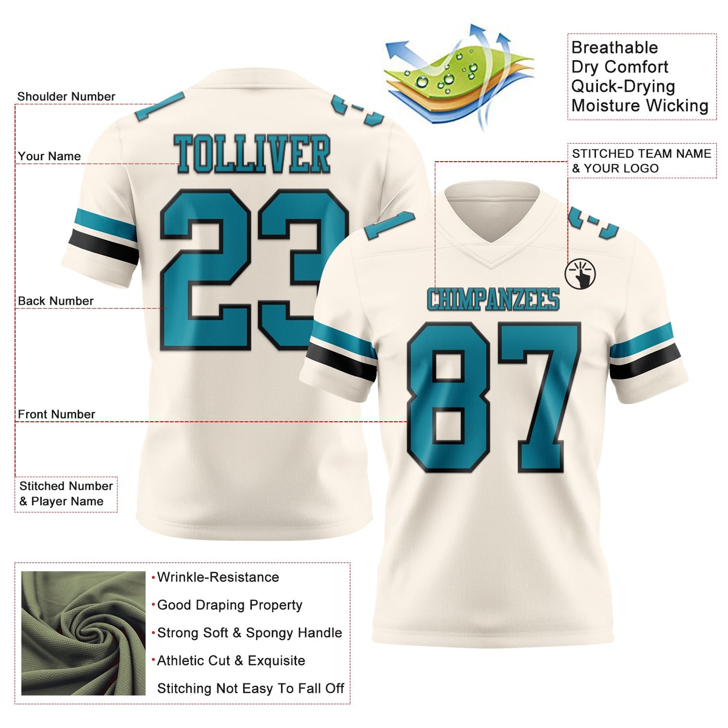Custom Cream Teal-Black Authentic Football Jersey view 3
