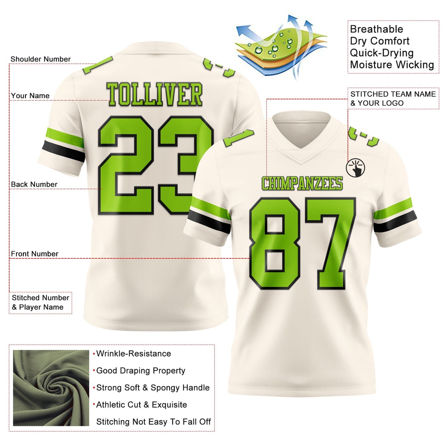 Custom Cream Neon Green-Black Authentic Football Jersey view 3
