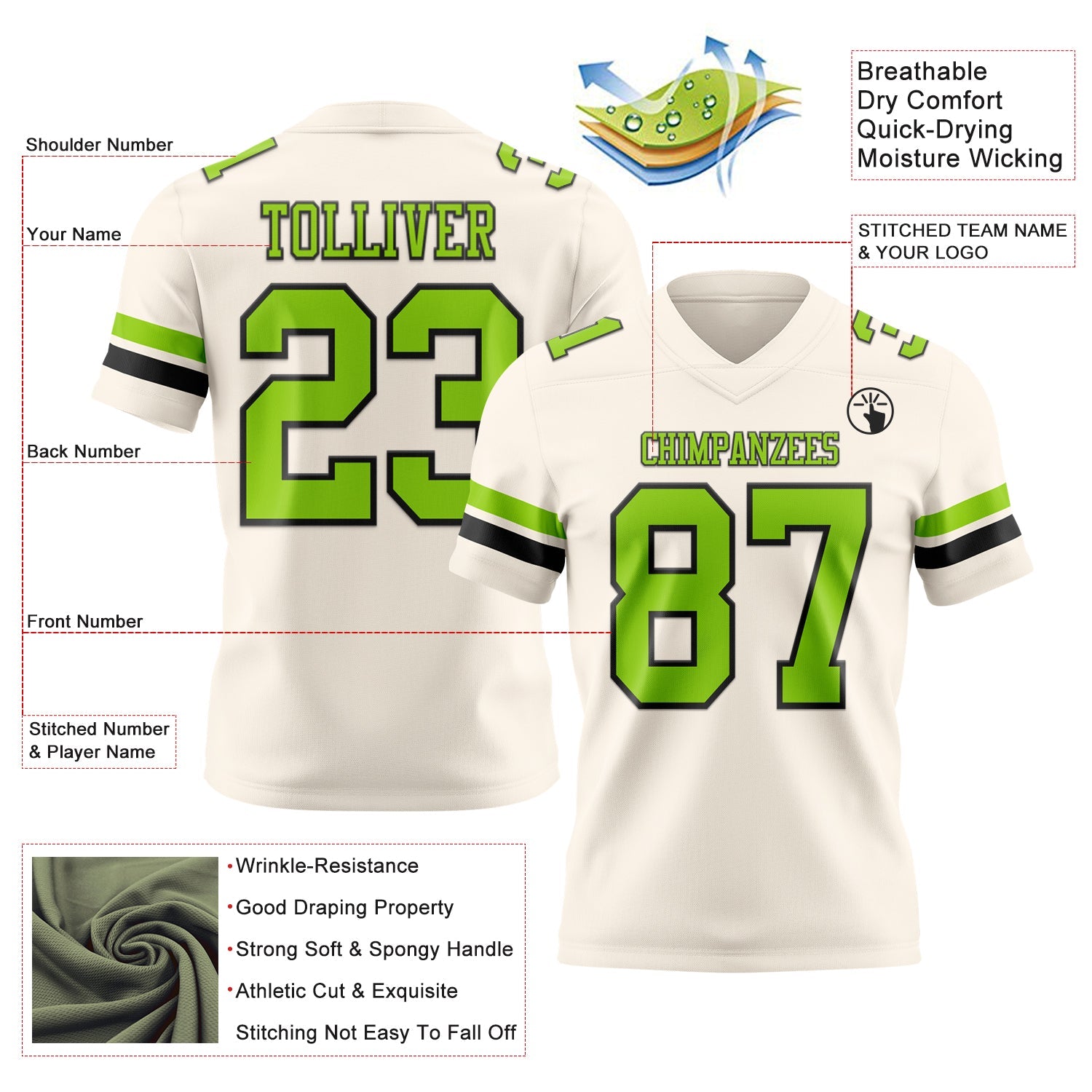 Custom Cream Neon Green-Black Authentic Football Jersey view 3