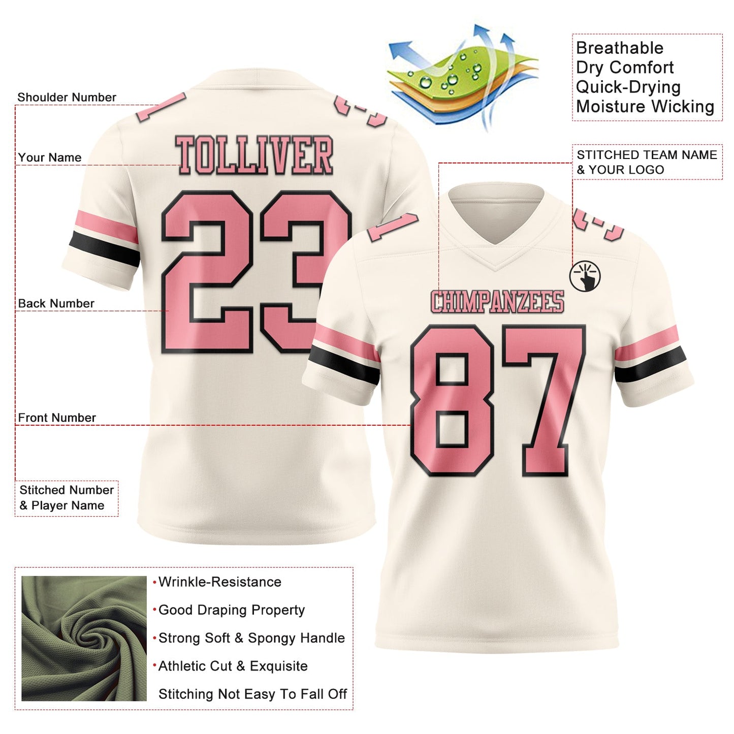 Custom Cream Medium Pink-Black Authentic Football Jersey view 3
