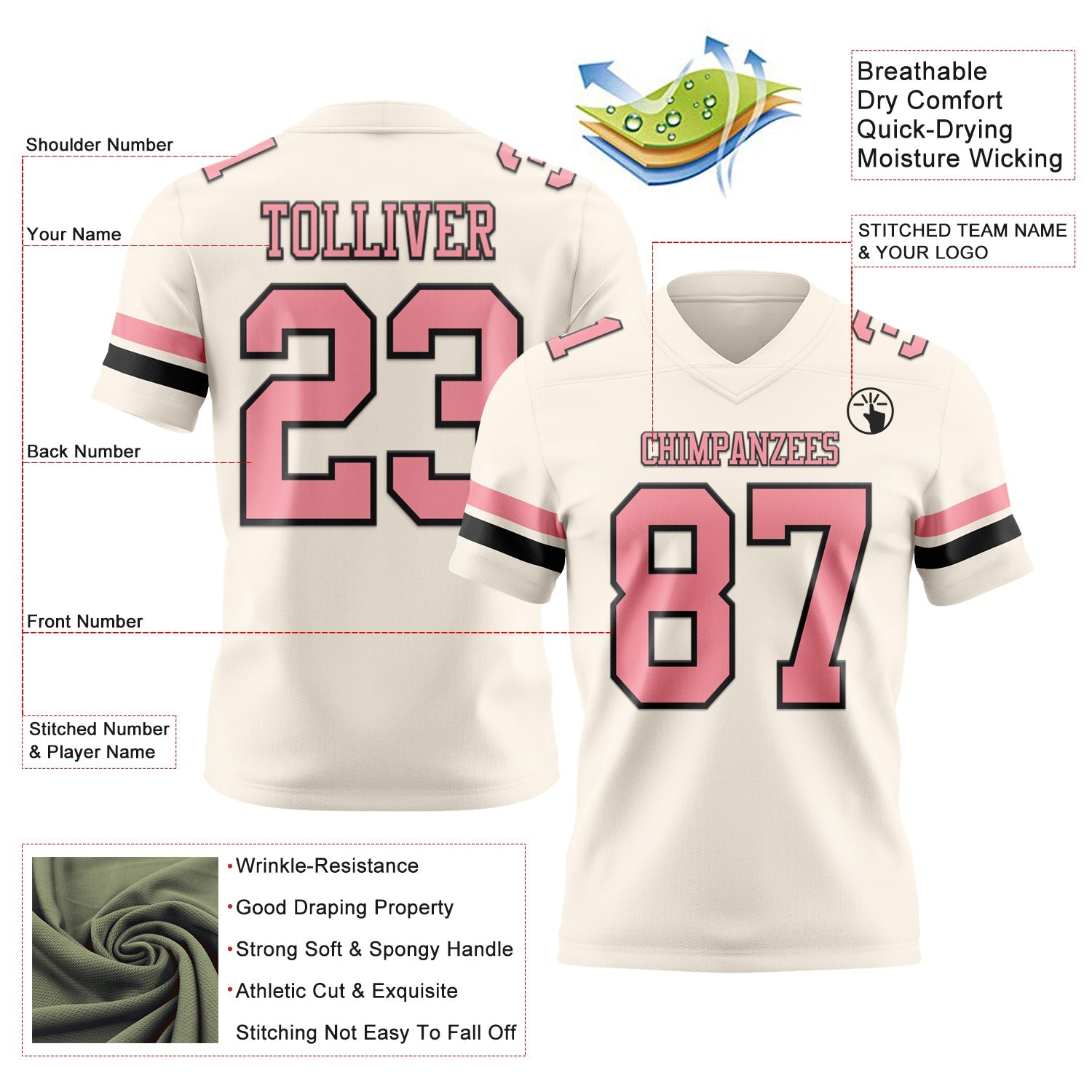 Custom Cream Medium Pink-Black Authentic Football Jersey view 3